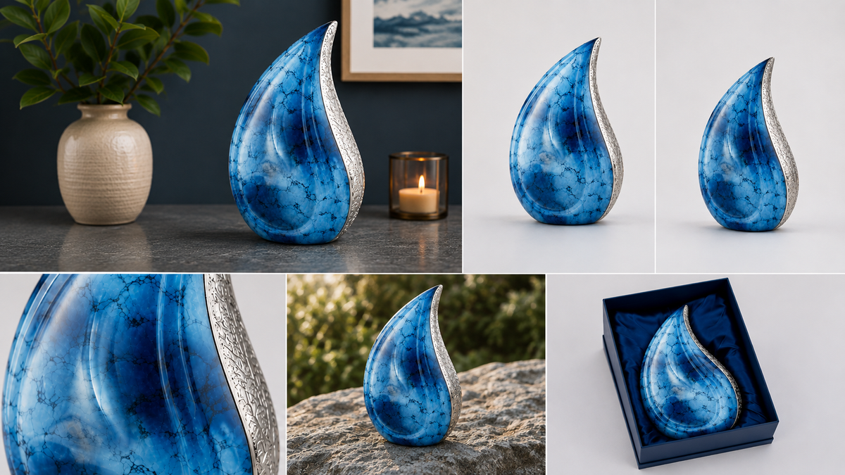 Cremation Urn for Ashes "Ocean Mist Teardrop" - Large | Sky Blue & Silver | Aluminum Urn