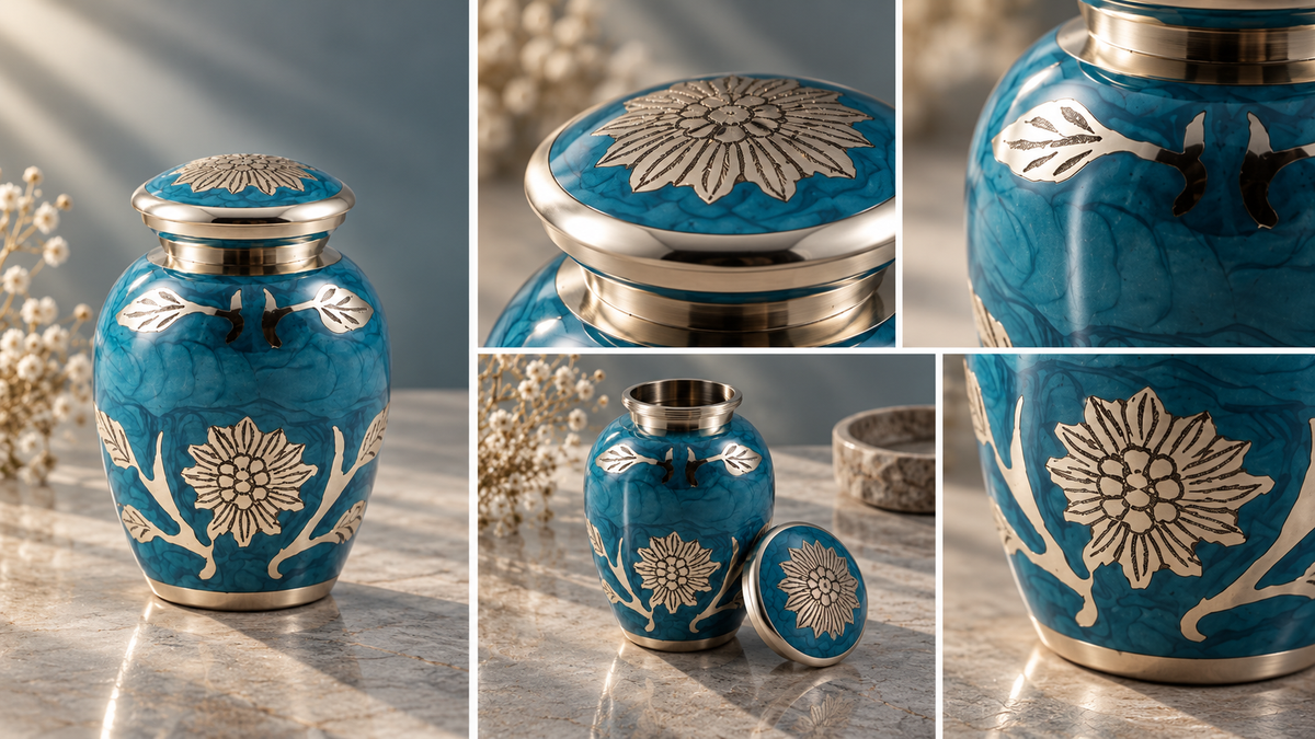 Keepsake Urn for Ashes "Azure Bloom" - Small | Brass Floral Cremation Urn