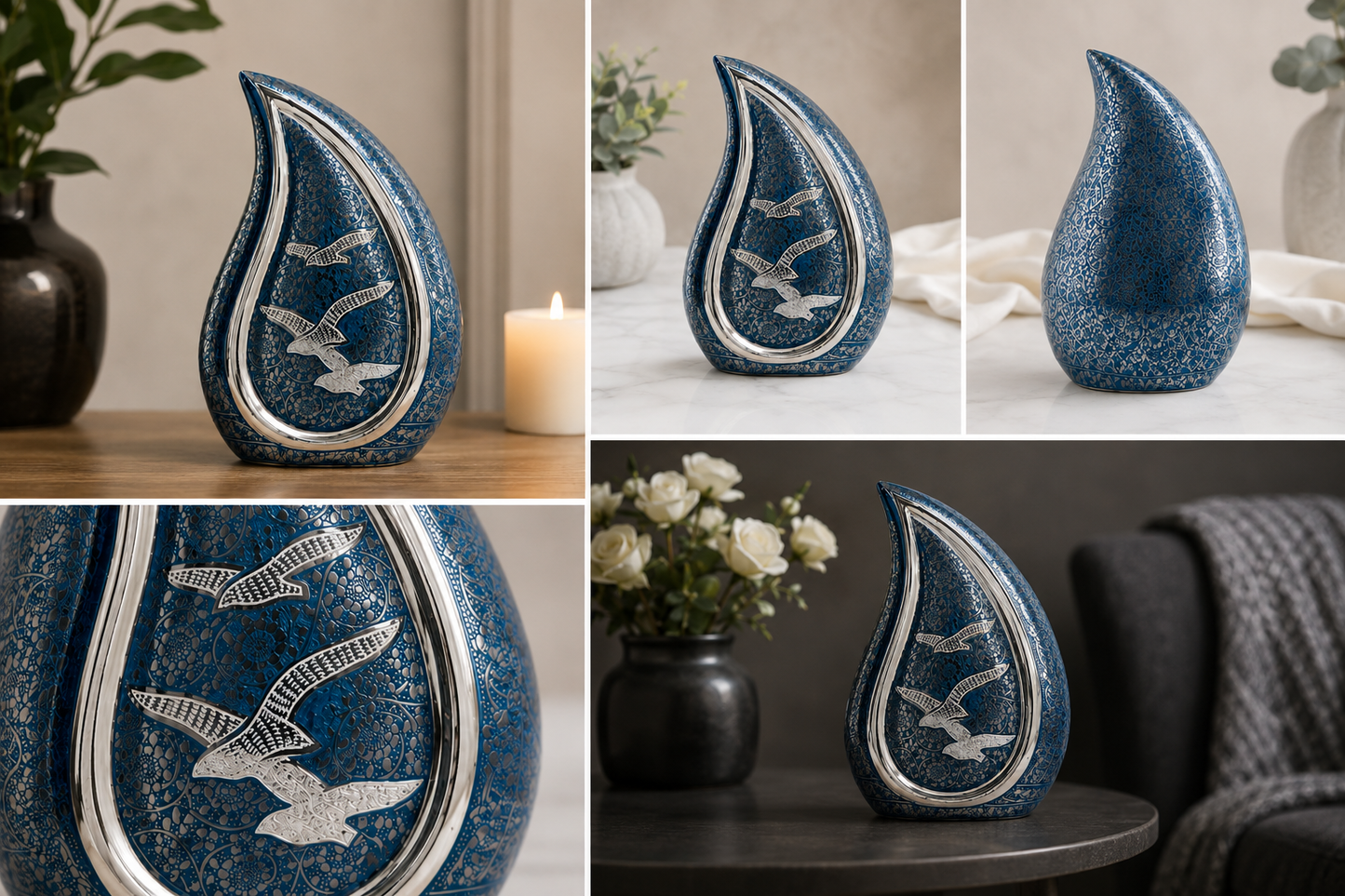 Cremation Urn "Azure Elegance" - Large | Teal Blue & Brass | Brass Teardrop Urn