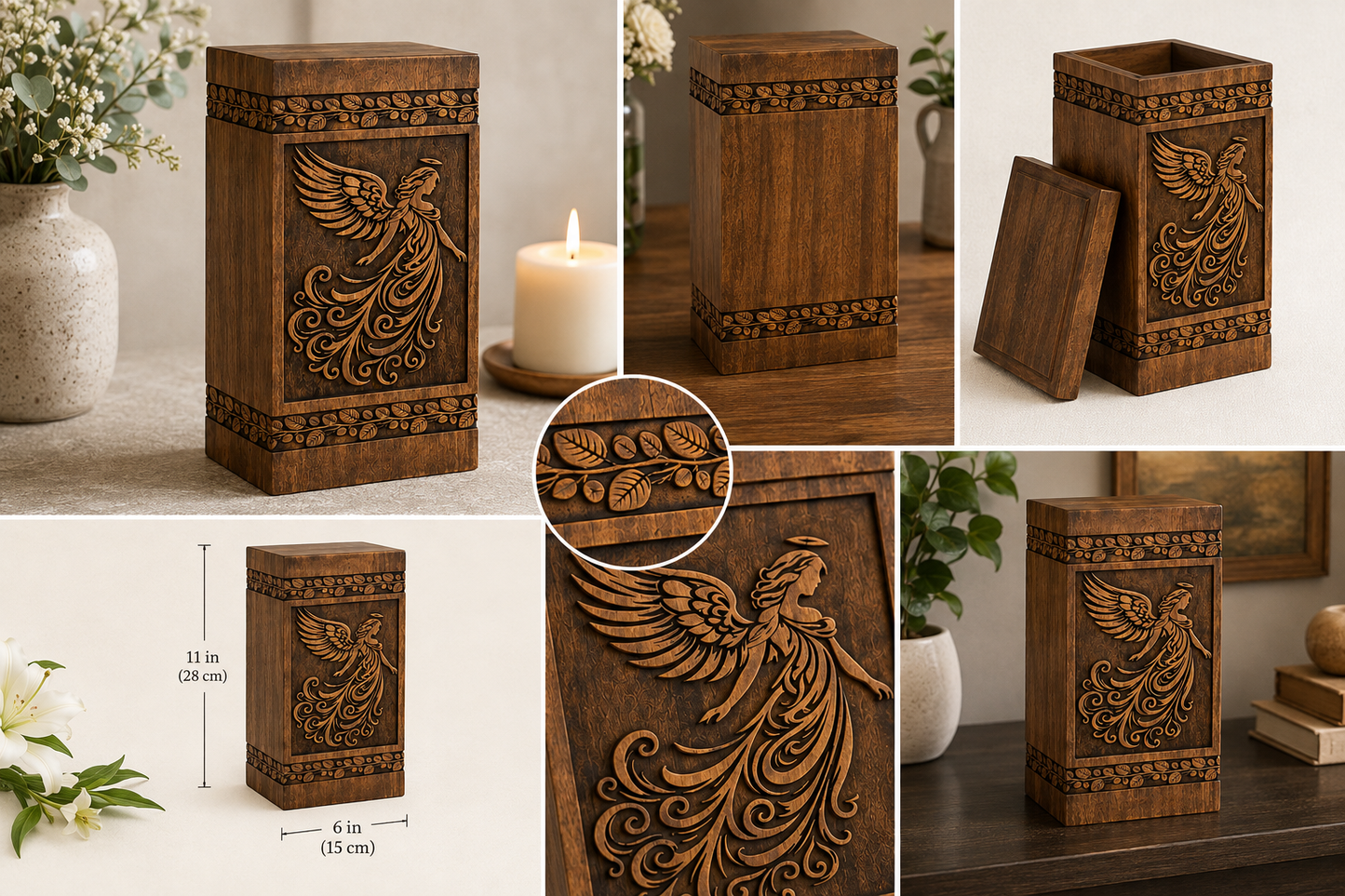 Wooden Urns for Ashes "Guardian Angel" - Large | Natural Rosewood | Wood Urn