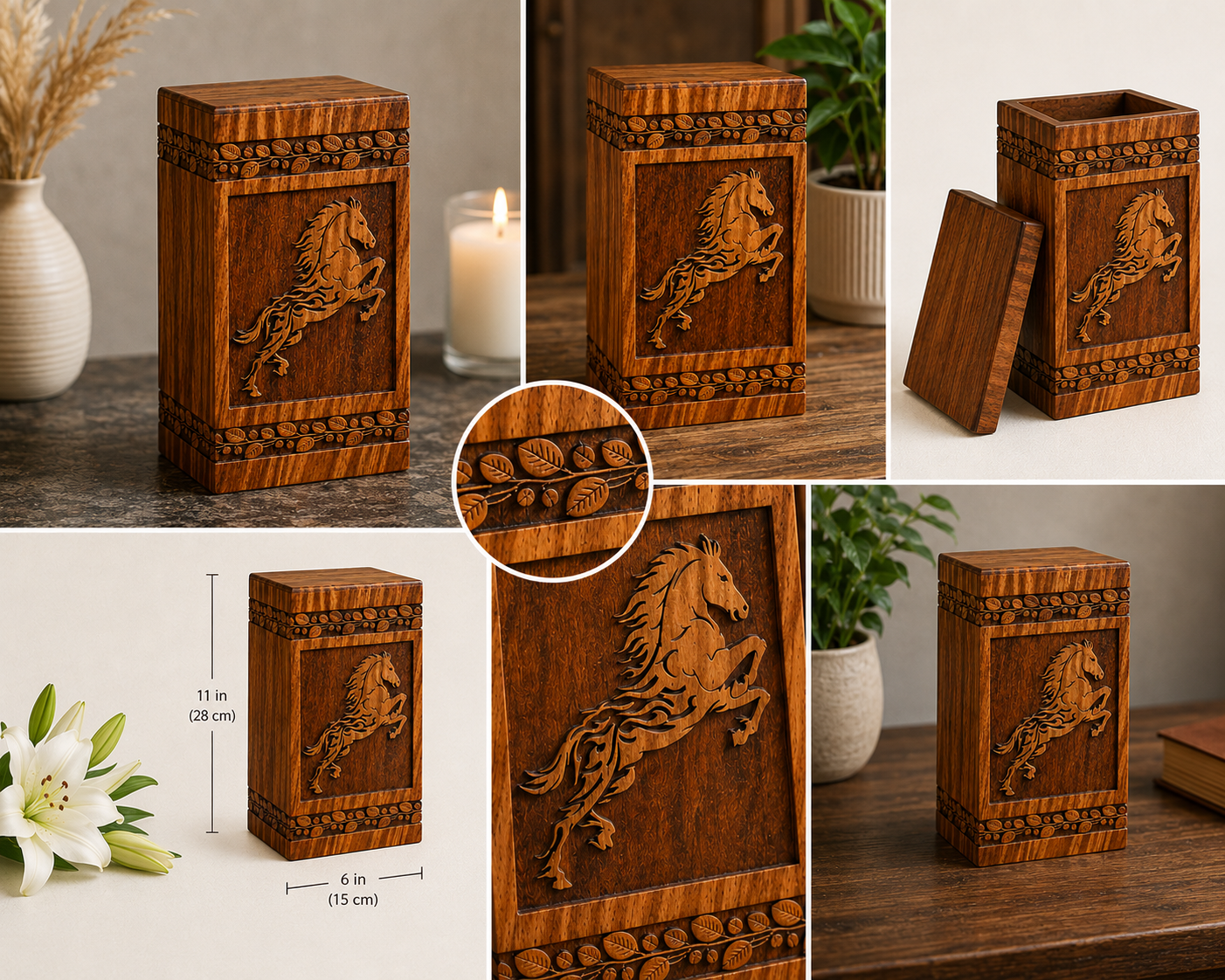 Cremation Urn for Ashes "Spirit Horse" - Large | Natural Rosewood | Wooden Urn