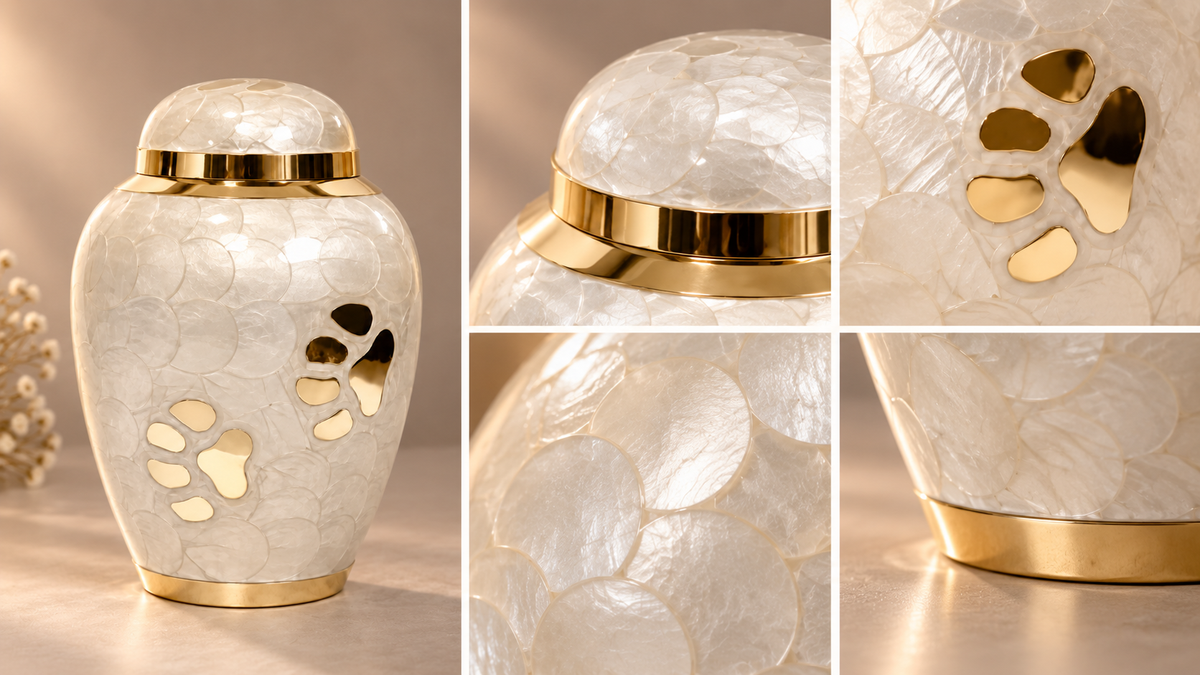 Pet Urn for Ashes "Pearl Paws" | Mother-of-Pearl & Gold Paw | Brass Pet Cremation Urn
