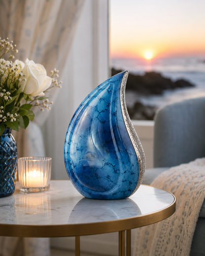 Cremation Urn for Ashes "Ocean Mist Teardrop" - Large | Sky Blue & Silver | Aluminium Urn