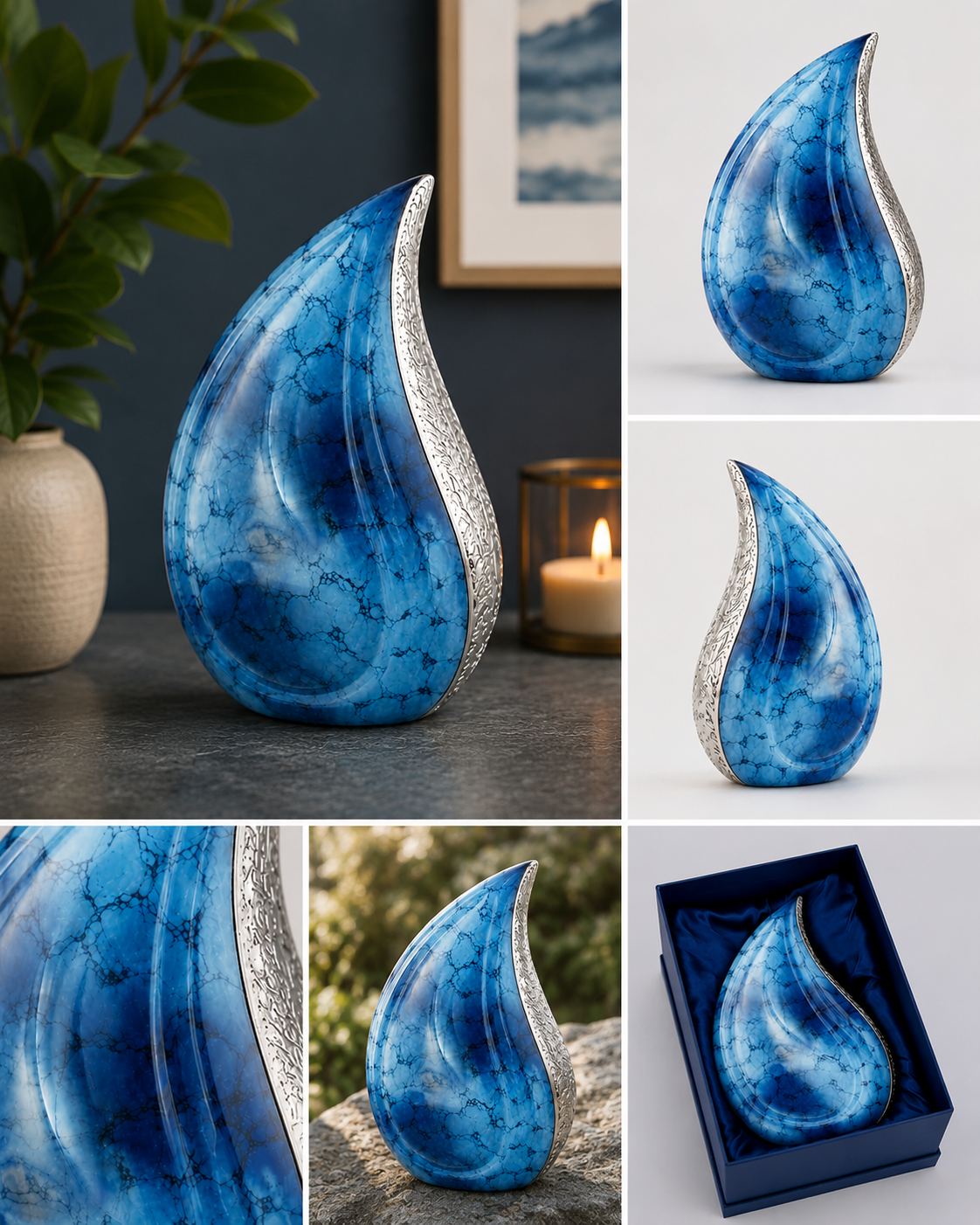 Cremation Urn for Ashes "Ocean Mist Teardrop" - Large | Sky Blue & Silver | Aluminium Urn