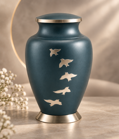 Cremation Urn for Adult Ashes "Ascending Grace" - Large | Teal & Silver Birds | Brass Urn