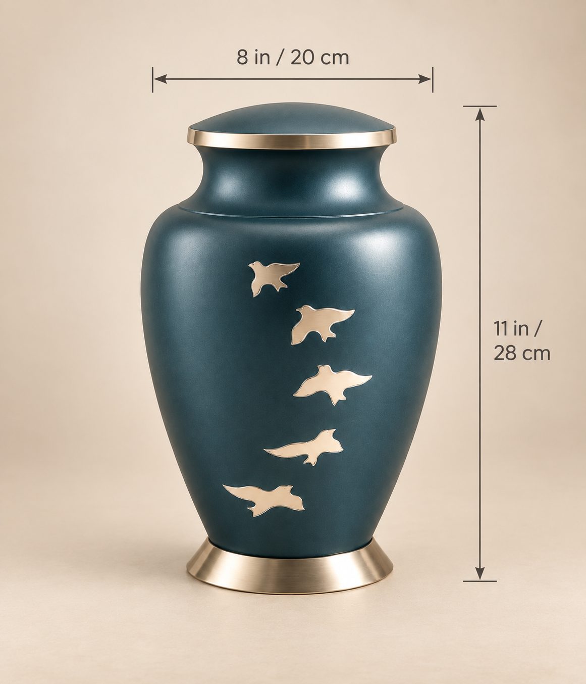 Cremation Urn for Adult Ashes "Ascending Grace" - Large | Teal & Silver Birds | Brass Urn