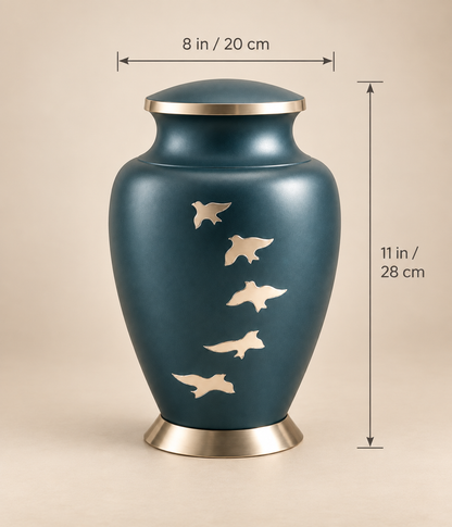 Cremation Urn for Adult Ashes "Ascending Grace" - Large | Teal & Silver Birds | Brass Urn