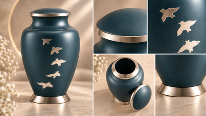 Cremation Urn for Adult Ashes "Ascending Grace" - Large | Teal & Silver Birds | Brass Urn