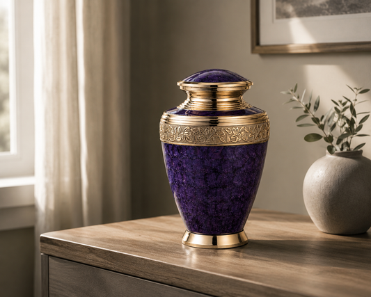 Cremation Urn for Ashes "Royal Violet" - Large | Violet & Brass | Brass Urn