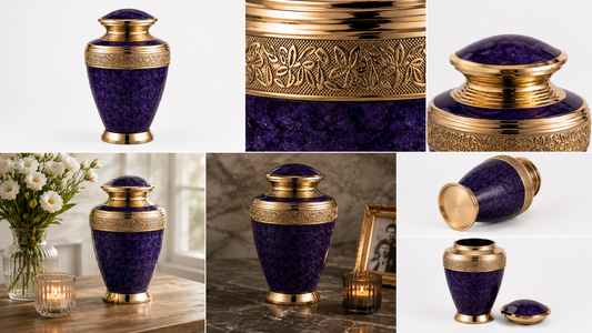 Cremation Urn for Ashes "Royal Violet" - Large | Violet & Brass | Brass Urn