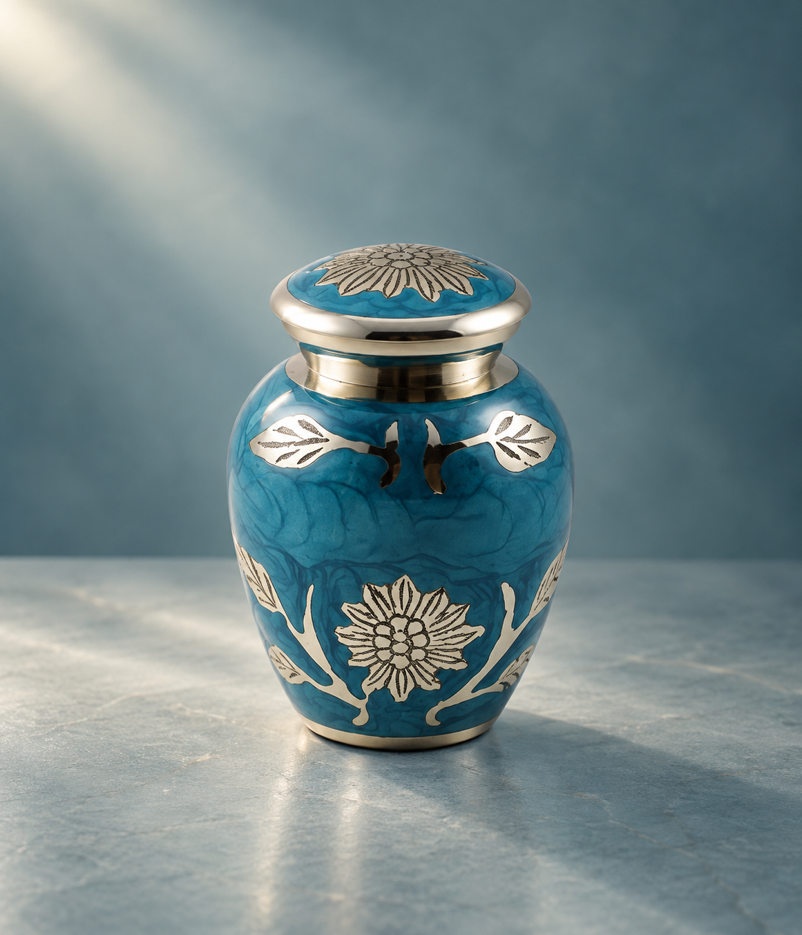 Keepsake Urn for Ashes "Azure Bloom" - Small | Brass Floral Cremation Urn