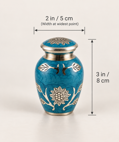 Keepsake Urn for Ashes "Azure Bloom" - Small | Brass Floral Cremation Urn