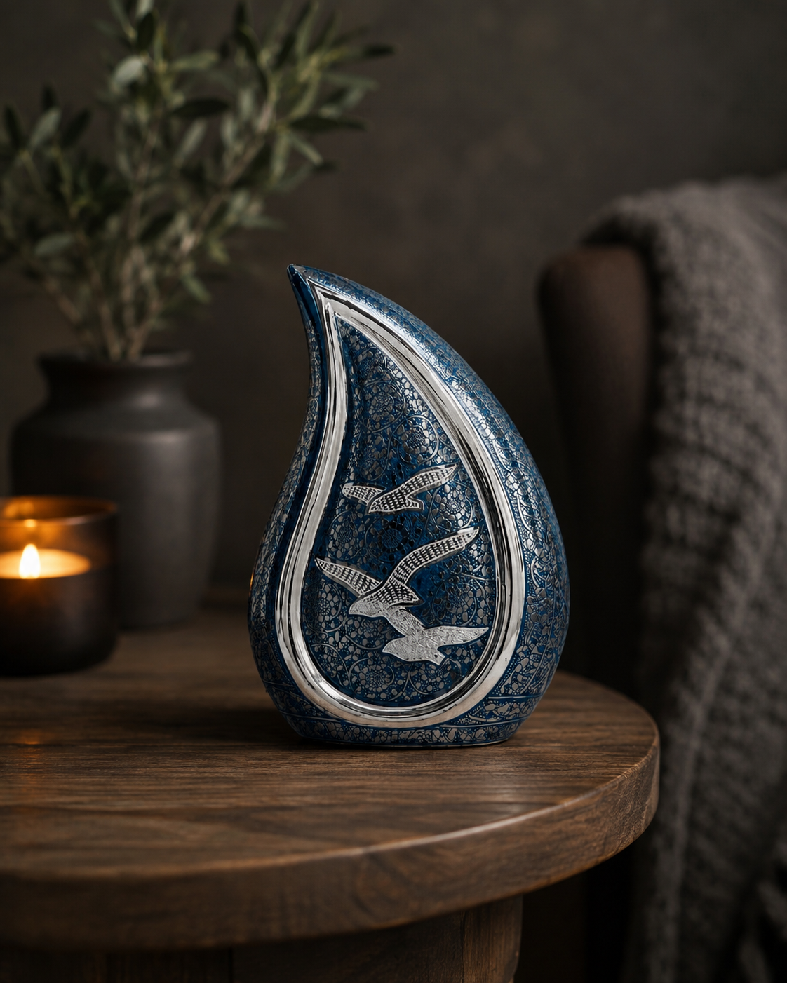 Cremation Urn "Azure Elegance" - Large | Teal Blue & Brass | Brass Teardrop Urn
