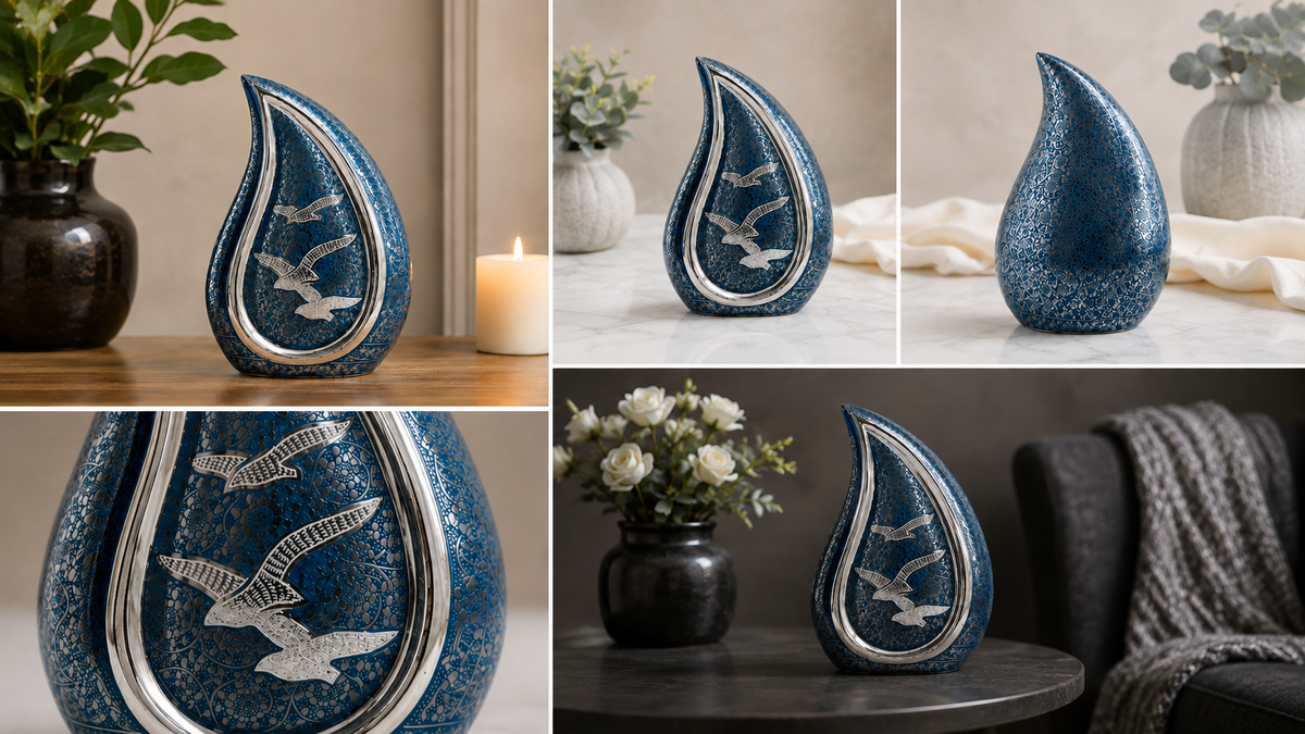 Cremation Urn "Azure Elegance" - Large | Teal Blue & Brass | Brass Teardrop Urn
