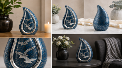Cremation Urn "Azure Elegance" - Large | Teal Blue & Brass | Brass Teardrop Urn