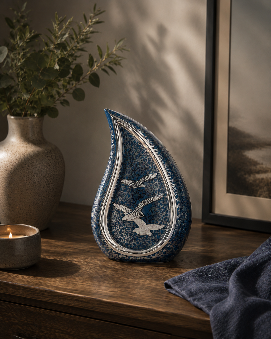 Cremation Urn "Azure Elegance" - Large | Teal Blue & Brass | Brass Teardrop Urn
