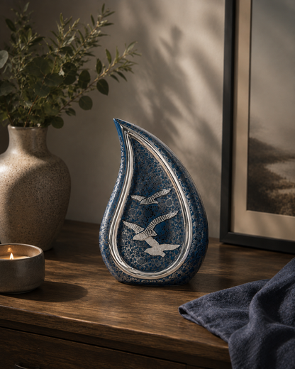 Cremation Urn "Azure Elegance" - Large | Teal Blue & Brass | Brass Teardrop Urn