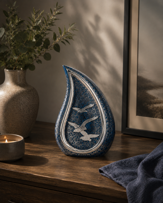 Cremation Urn "Azure Elegance" - Large | Teal Blue & Brass | Brass Teardrop Urn