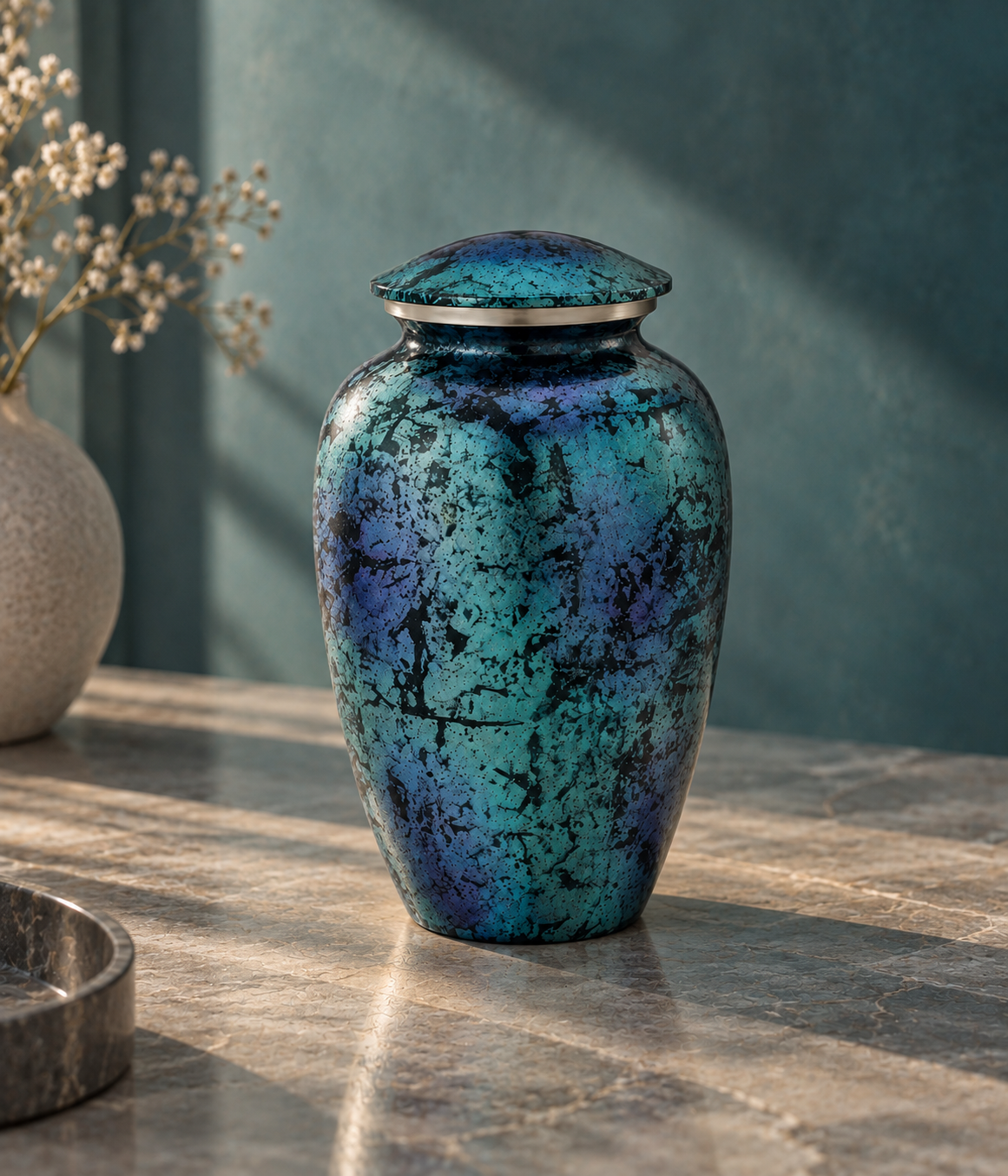 Cremation Urn for Adult Ashes "Celestial Mosaic" - Large | Hand-Painted Blue & Teal | Aluminum Urn