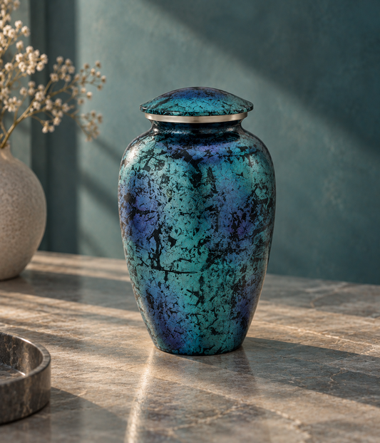 Cremation Urn for Adult Ashes "Celestial Mosaic" - Large | Hand-Painted Blue & Teal | Aluminum Urn