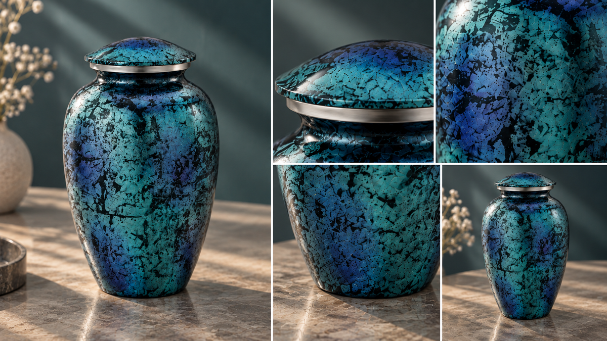 Cremation Urn for Adult Ashes "Celestial Mosaic" - Large | Hand-Painted Blue & Teal | Aluminum Urn