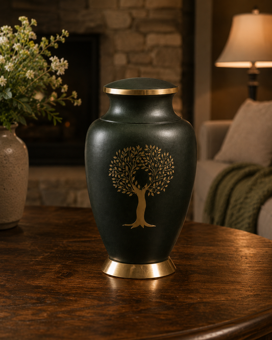 Cremation Urn "Eternal Garden" - Large | Forest Green & Brass | Brass Urn for Ashes