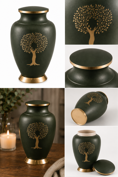 Cremation Urn "Eternal Garden" - Large | Forest Green & Brass | Brass Urn for Ashes