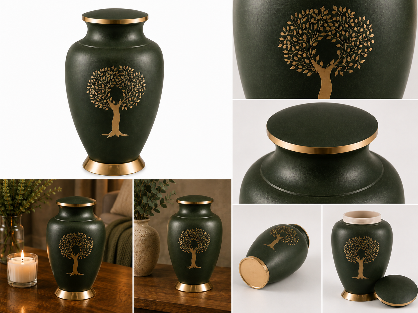 Cremation Urn "Eternal Garden" - Large | Forest Green & Brass | Brass Urn for Ashes