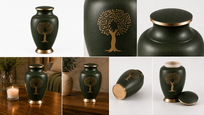 Cremation Urn "Eternal Garden" - Large | Forest Green | Brass Urn for Ashes