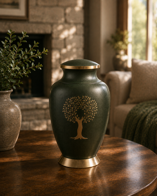 Cremation Urn "Eternal Garden" - Large | Forest Green | Brass Urn for Ashes