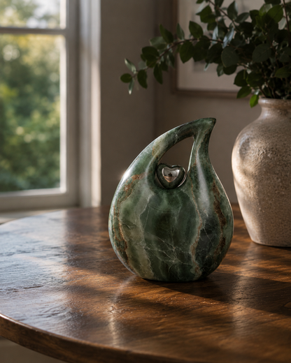 Cremation Urn for Ashes "Forest Jewel Teardrop" - Adult | Green Marbled | Aluminium