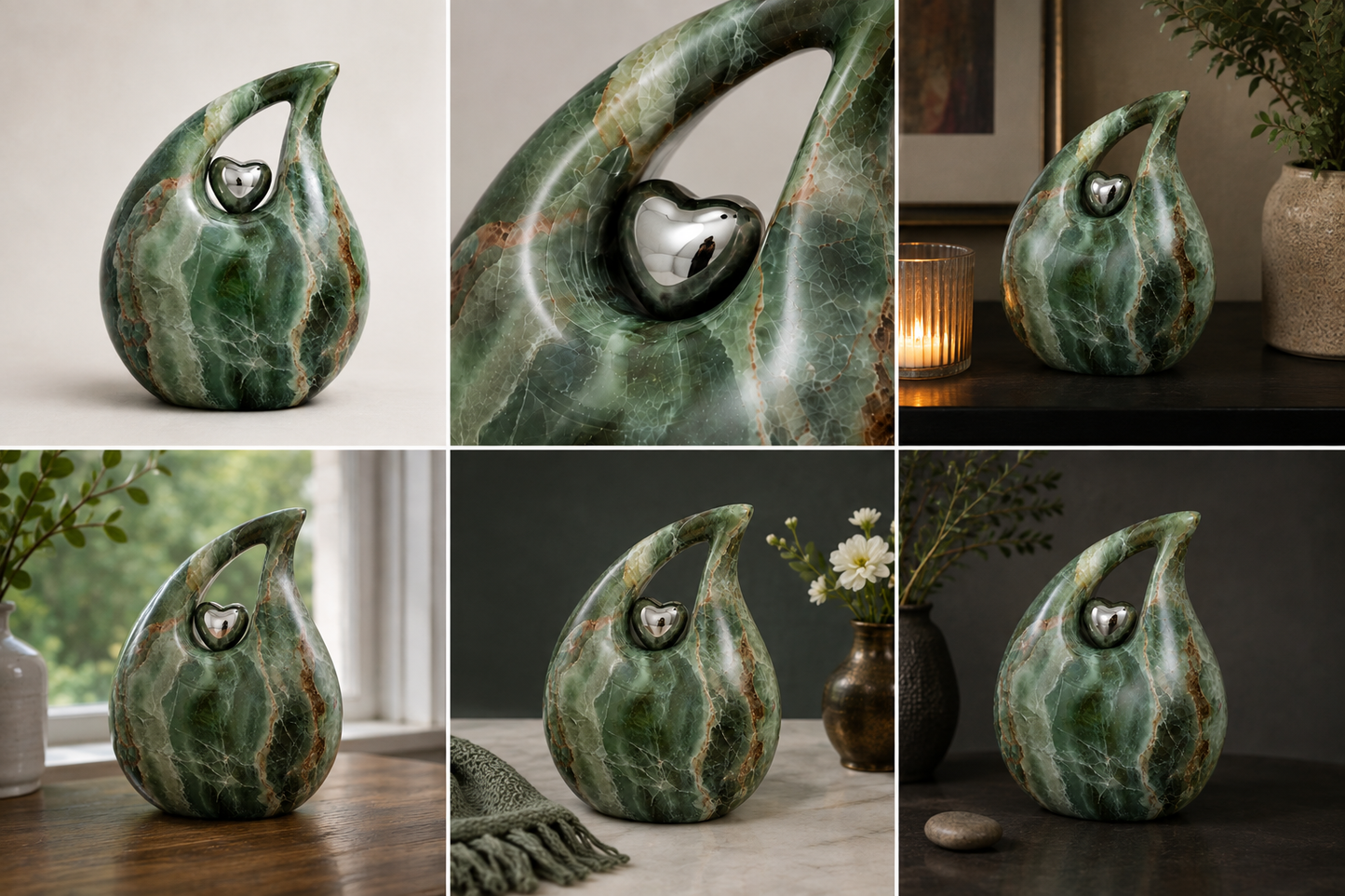 Cremation Urn for Ashes "Forest Jewel Teardrop" - Adult | Green Marbled | Aluminium