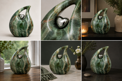 Cremation Urn for Ashes "Forest Jewel Teardrop" - Adult | Green Marbled | Aluminium