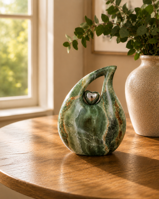 Cremation Urn for Ashes "Forest Jewel Teardrop" - Adult | Green Marbled | Aluminum