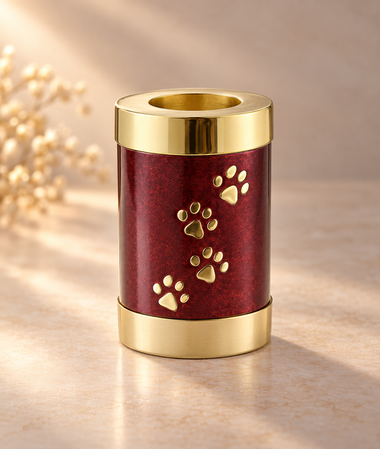 Pet Urn for Ashes "Eternal Flame Paws" | Red & Gold | Tealight Memorial Urn