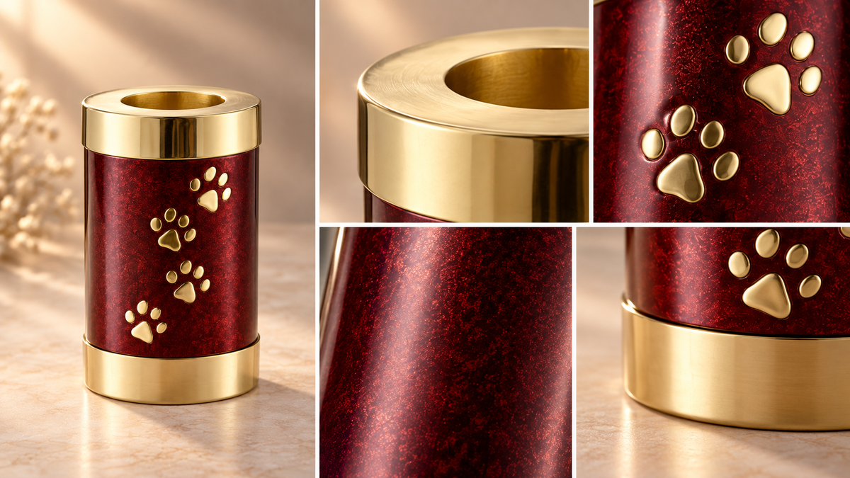 Pet Urn for Ashes "Eternal Flame Paws" | Red & Gold | Tealight Memorial Urn