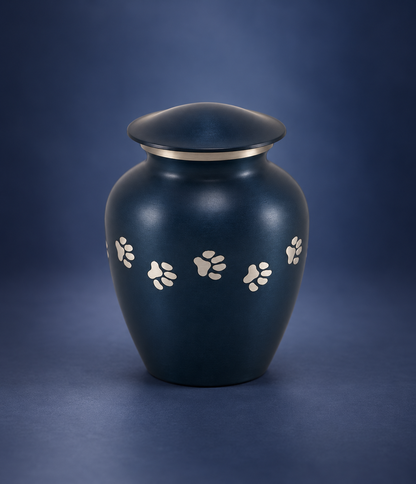 Pet Urn for Dog or Cat Ashes "Faithful Paws" | Blue & Silver Paw Print