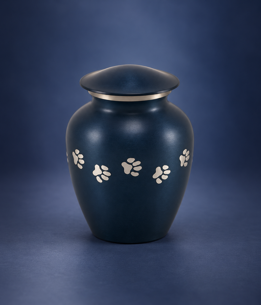 Pet Urn for Dog or Cat Ashes "Faithful Paws" | Blue & Silver Paw Print