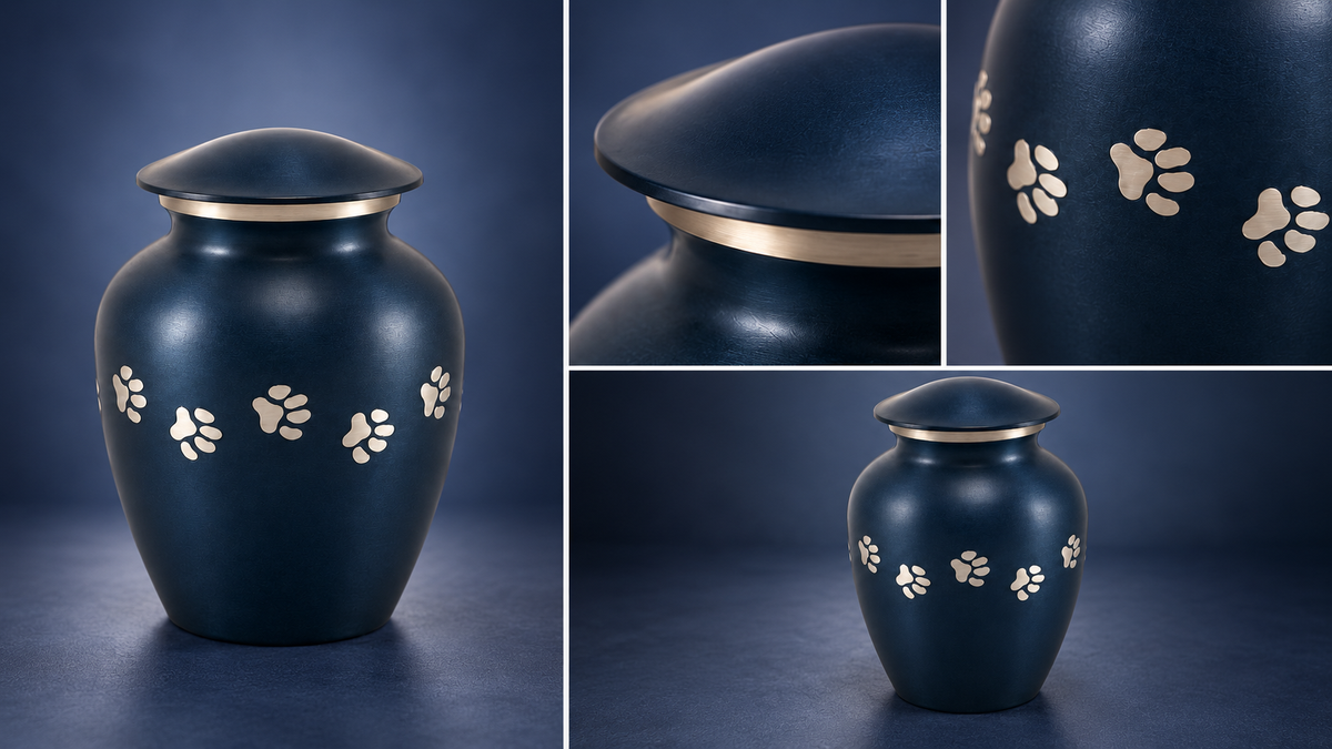 Pet Urn for Dog or Cat Ashes "Faithful Paws" | Blue & Silver Paw Print