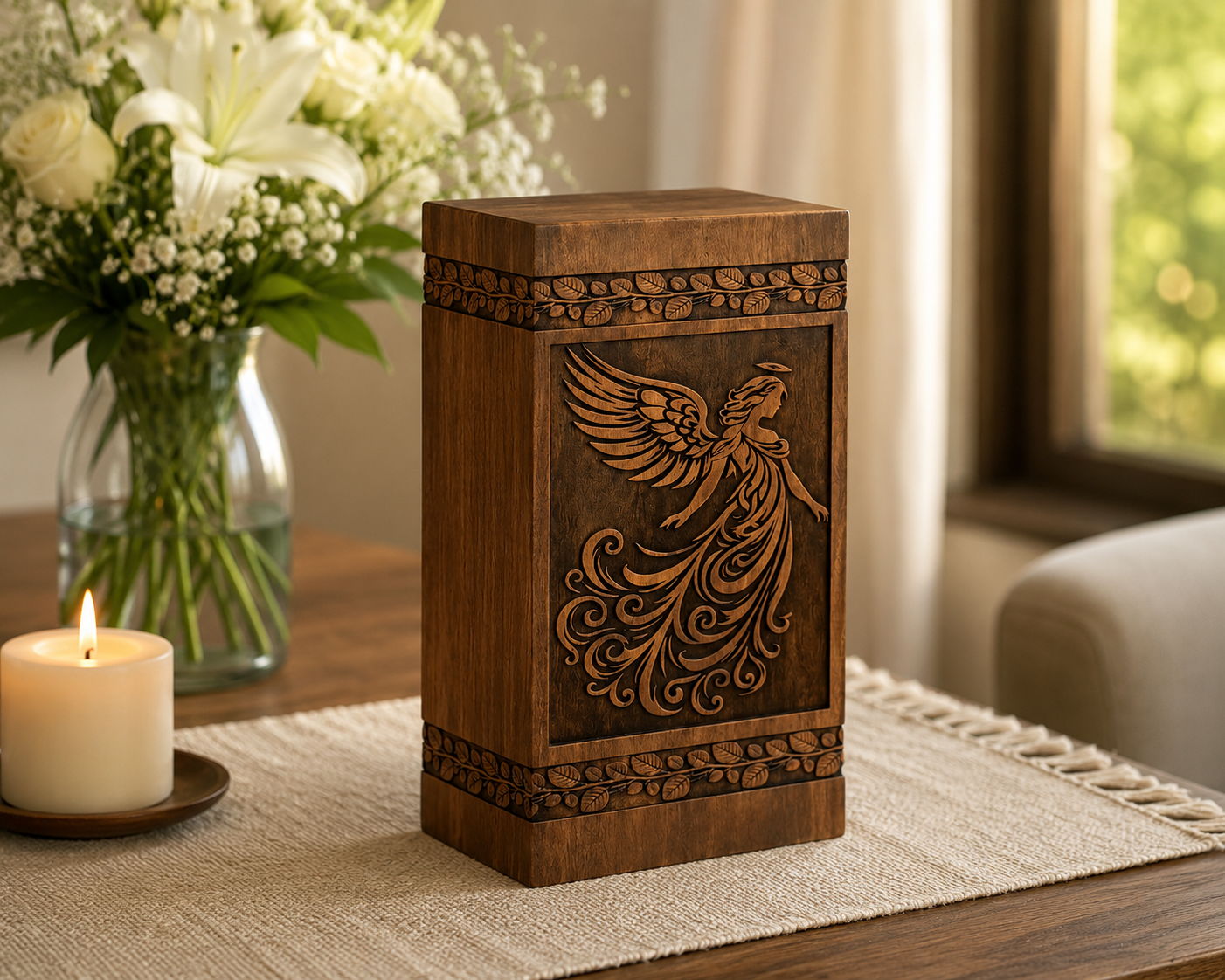 Wooden Urns for Ashes "Guardian Angel" - Large | Natural Rosewood | Wood Urn