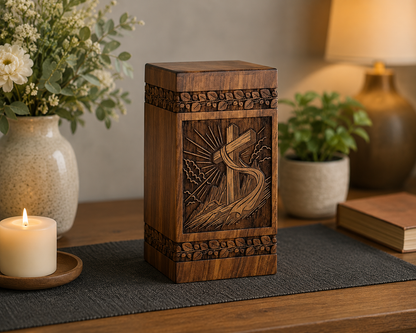 Cremation Urn "Sacred Cross" - Large | Natural Rosewood | Wooden Urn for Ashes