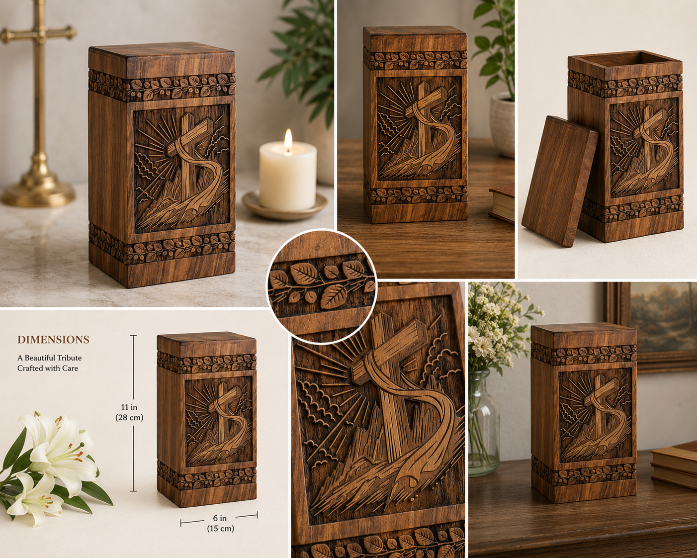 Cremation Urn "Sacred Cross" - Large | Natural Rosewood | Wooden Urn for Ashes