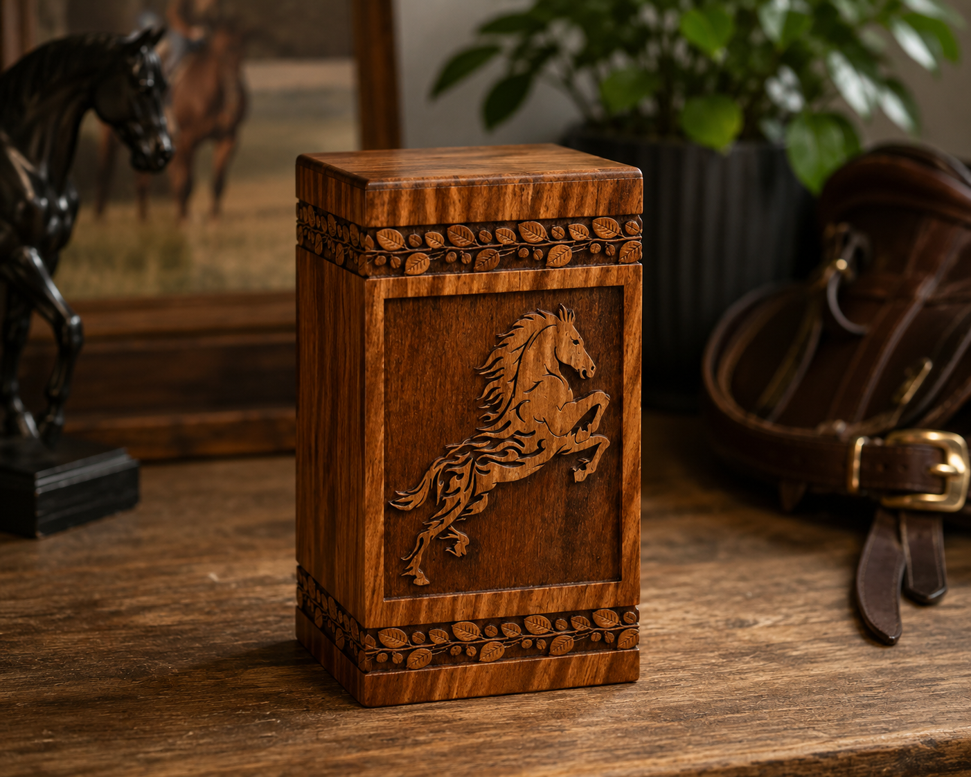 Cremation Urn for Ashes "Spirit Horse" - Large | Natural Rosewood | Wooden Urn