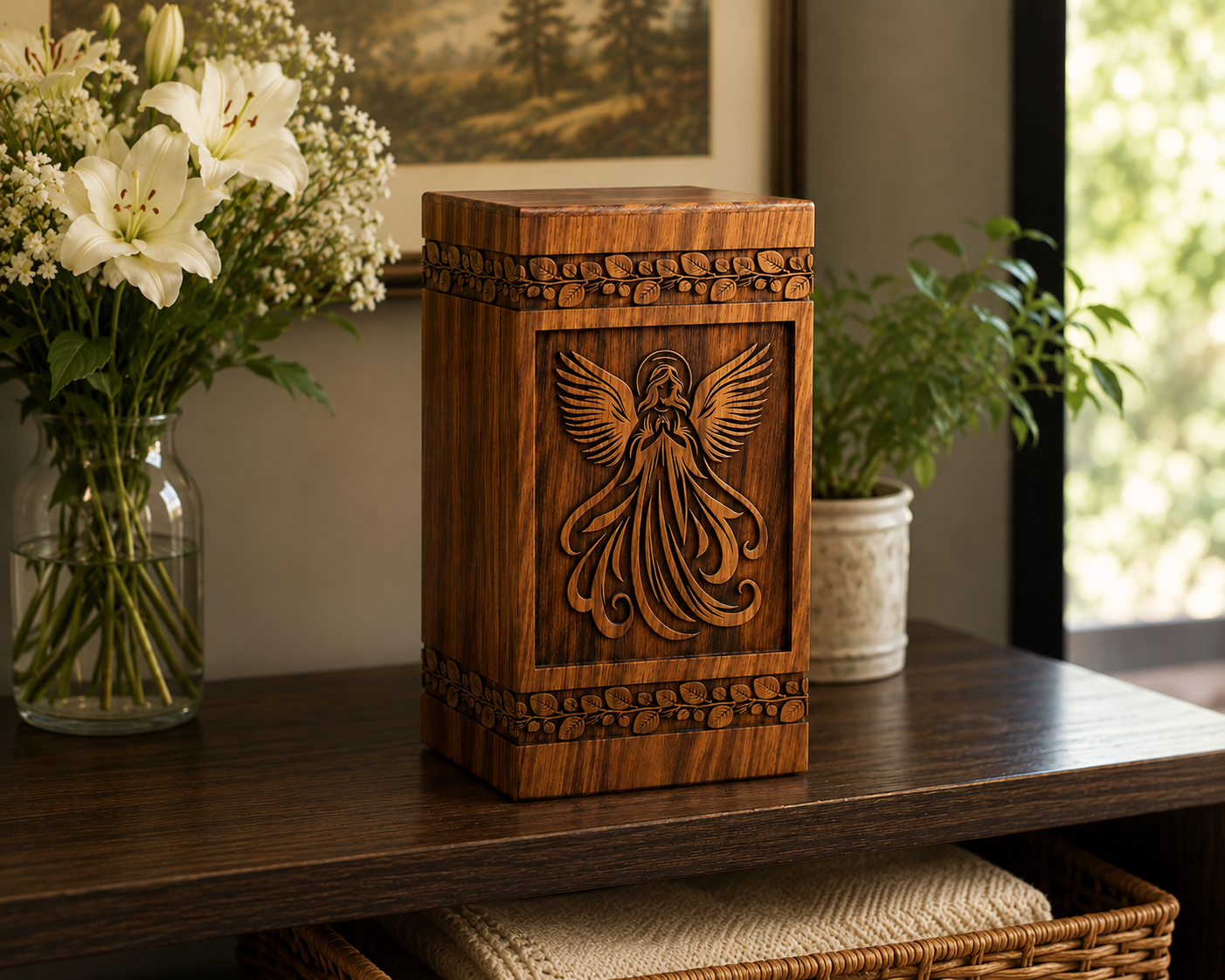 Cremation Urn "Timeless Flower" - Large | Natural Rosewood | Wooden Urn