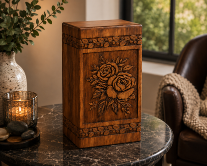 Hand-Carved Wooden Rose Cremation Urn