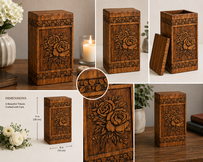 Hand-Carved Wooden Rose Cremation Urn