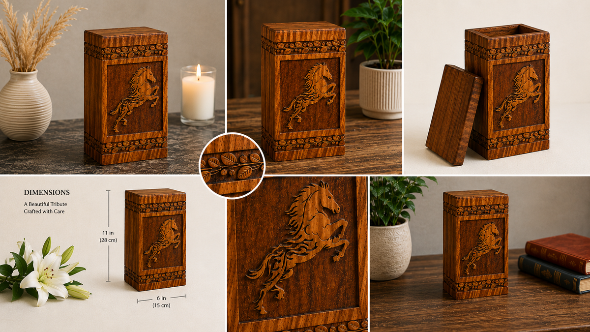 Cremation Urn for Ashes "Spirit Horse" - Large | Natural Rosewood | Wooden Urn