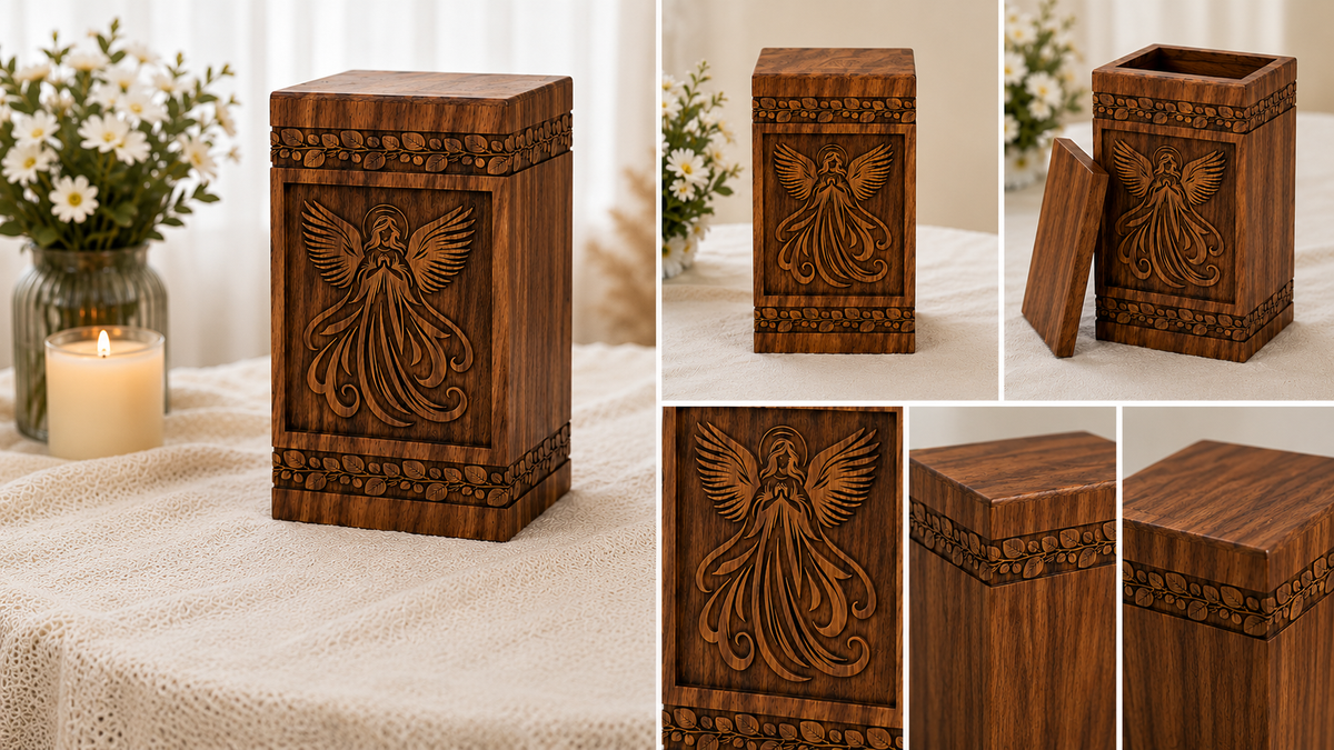 Cremation Urn "Peaceful Angel" - Large | Natural Rosewood | Wooden Urn