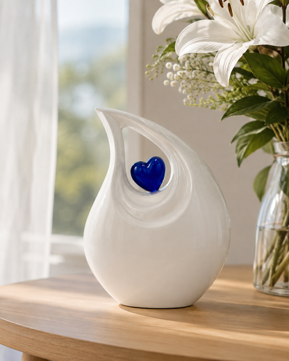 Cremation Urn for Ashes "Ivory Love Teardrop" - Large | Pearl White & Blue | Aluminium