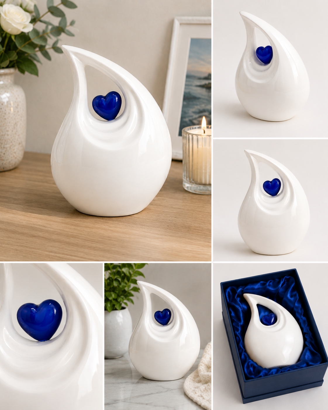 Cremation Urn for Ashes "Ivory Love Teardrop" - Large | Pearl White & Blue | Aluminium
